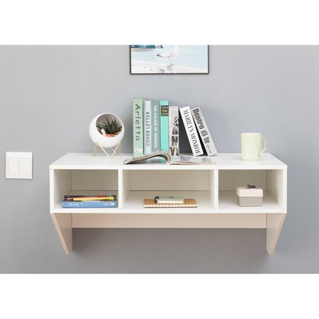 Basicwise Wall Mounted Office Computer Desk and Floating Hutch Cabinet, White QI003675W.2